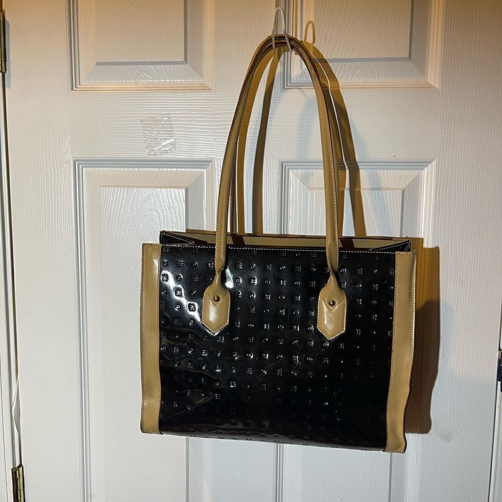 Arcadia Genuine Patent Leather black ,khaki trim & straps Shoulder bag .